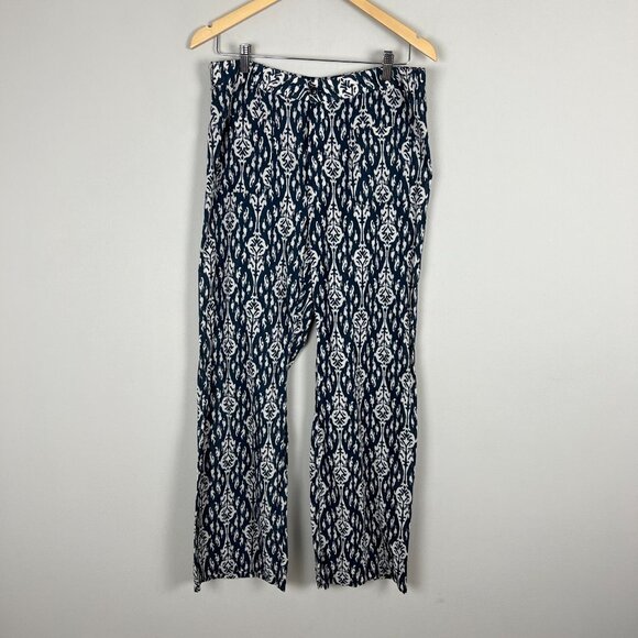 Zara Pants Womens Large Blue Off White Print Straight Leg Button Fly Lightweight - Picture 1 of 16